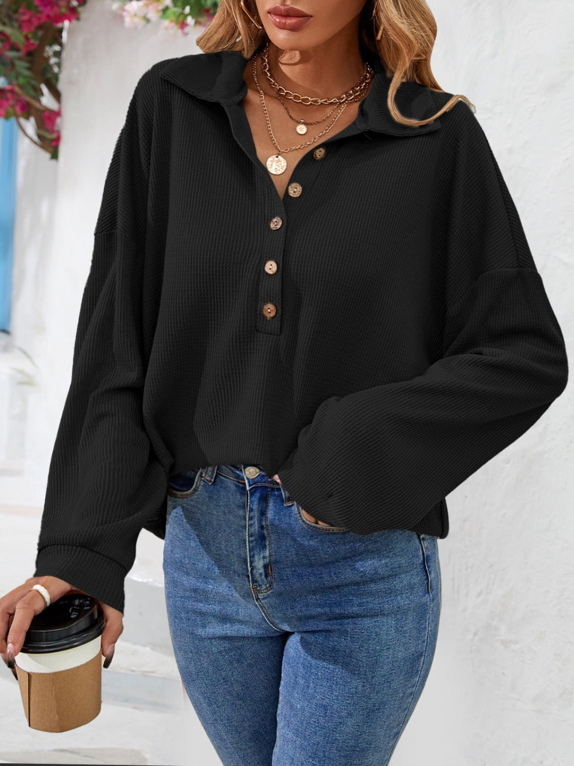 Half Button Collared Neck Long Sleeve Top - Classique Collection