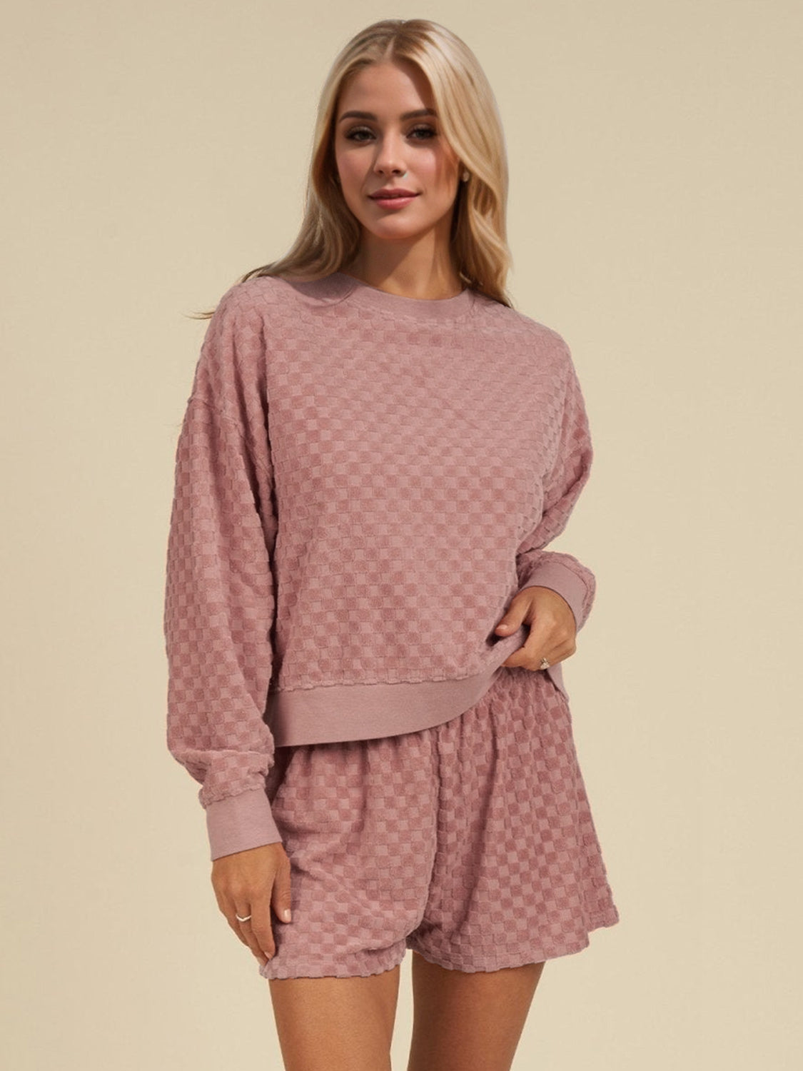 Oh Checkered Round Neck Long Sleeve Top and Shorts Set - ClassiQ