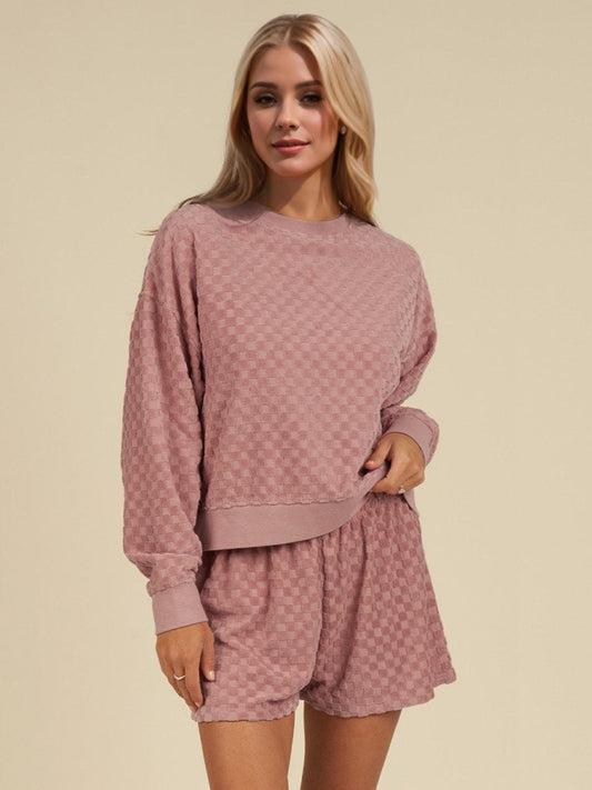 Oh Checkered Round Neck Long Sleeve Top and Shorts Set - ClassiQ