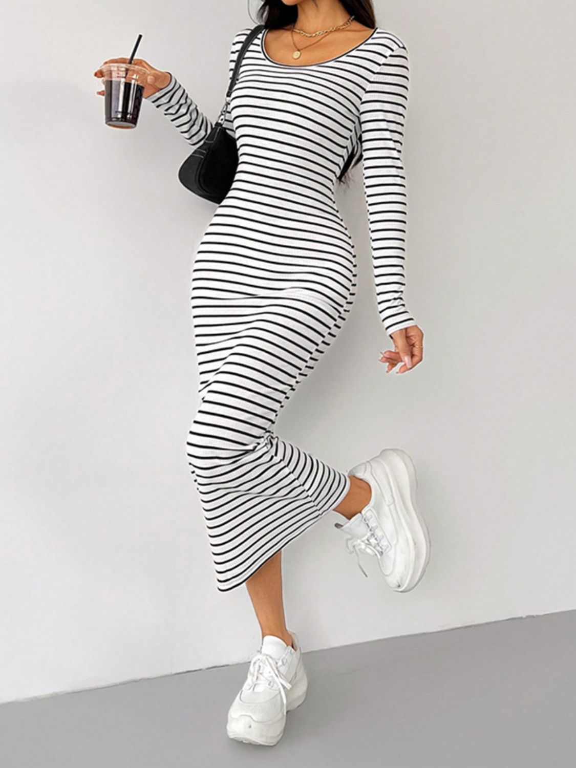 Striped Scoop Neck Long Sleeve Midi Tee Dress - Classique Collection
