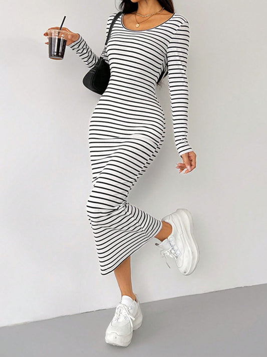 Striped Scoop Neck Long Sleeve Midi Tee Dress - Classique Collection