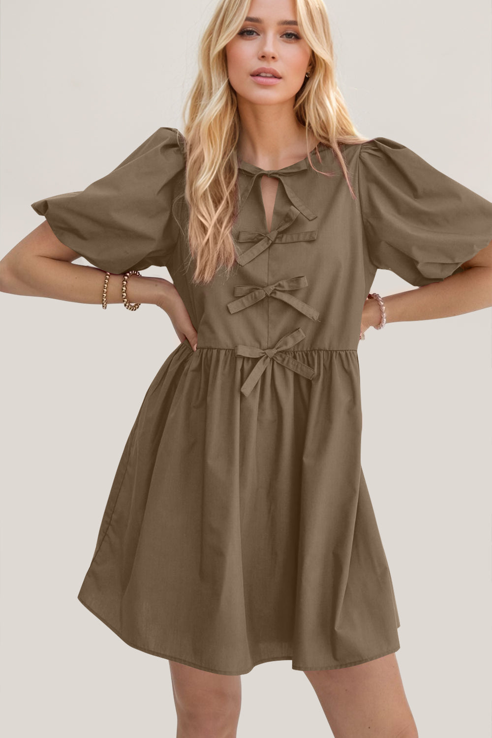Oh Bow Ruched Puff Sleeve Mini Dress - Classique Collection