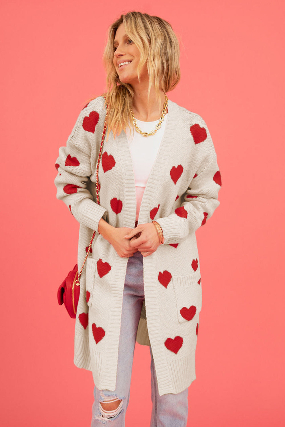 Heart Graphic Open Front Cardigan with Pockets - ClassiQ