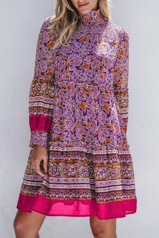 Smocked Floral Turtleneck Long Sleeve Dress - Classique Collection