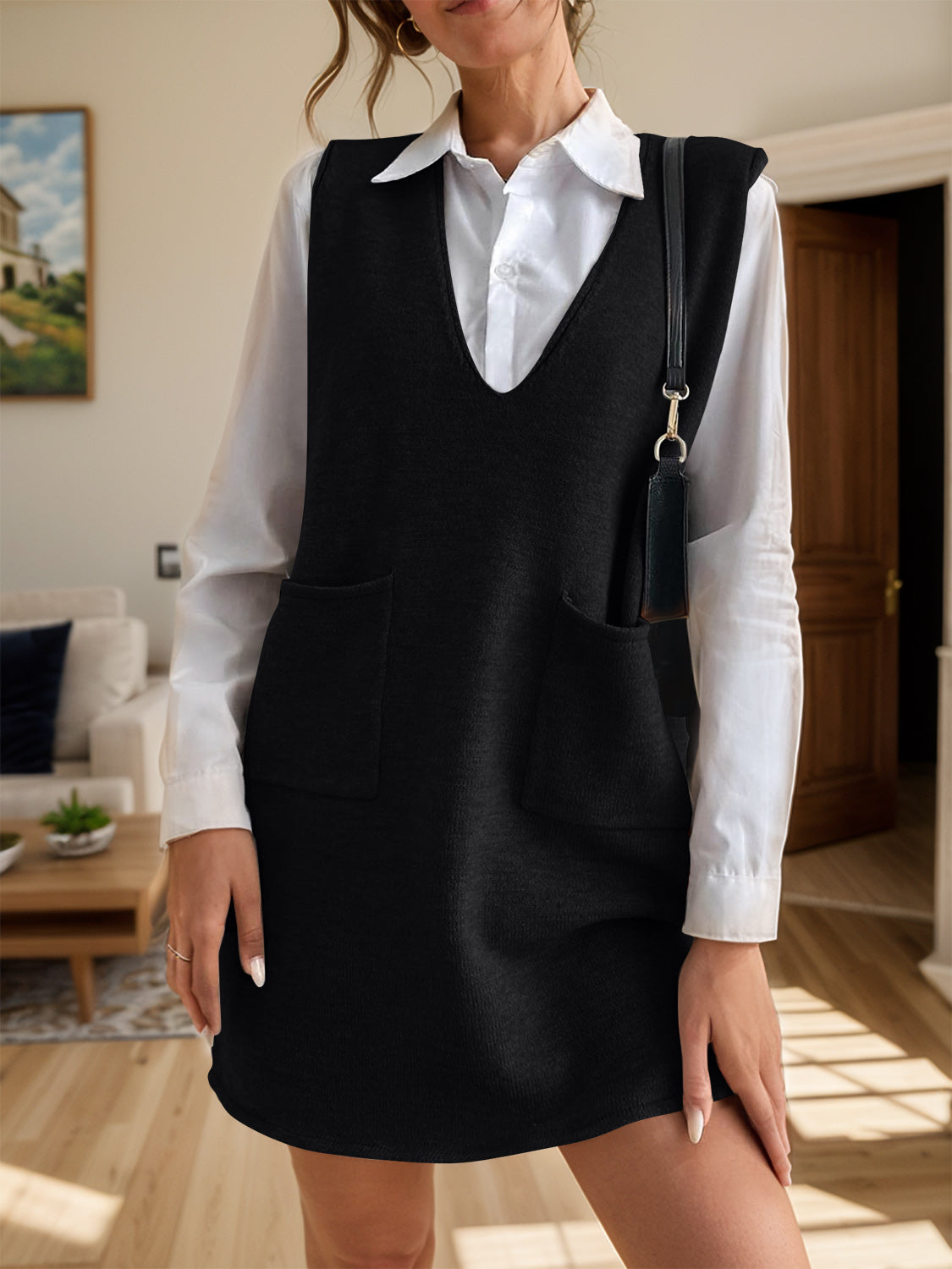 V-Neck Sleeveless Sweater Dress with Pockets - Classique Collection
