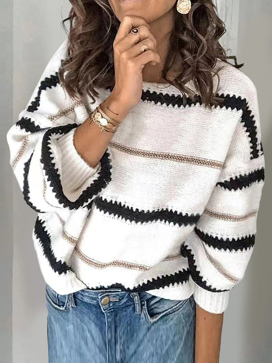 Contrast Striped Round Neck Long Sleeve Sweater - ClassiQ
