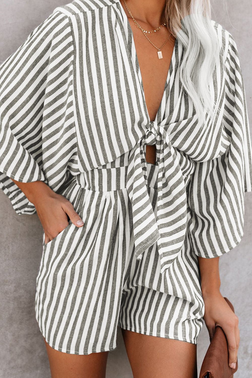 Bow Striped Kimono Sleeve Romper - ClassiQ