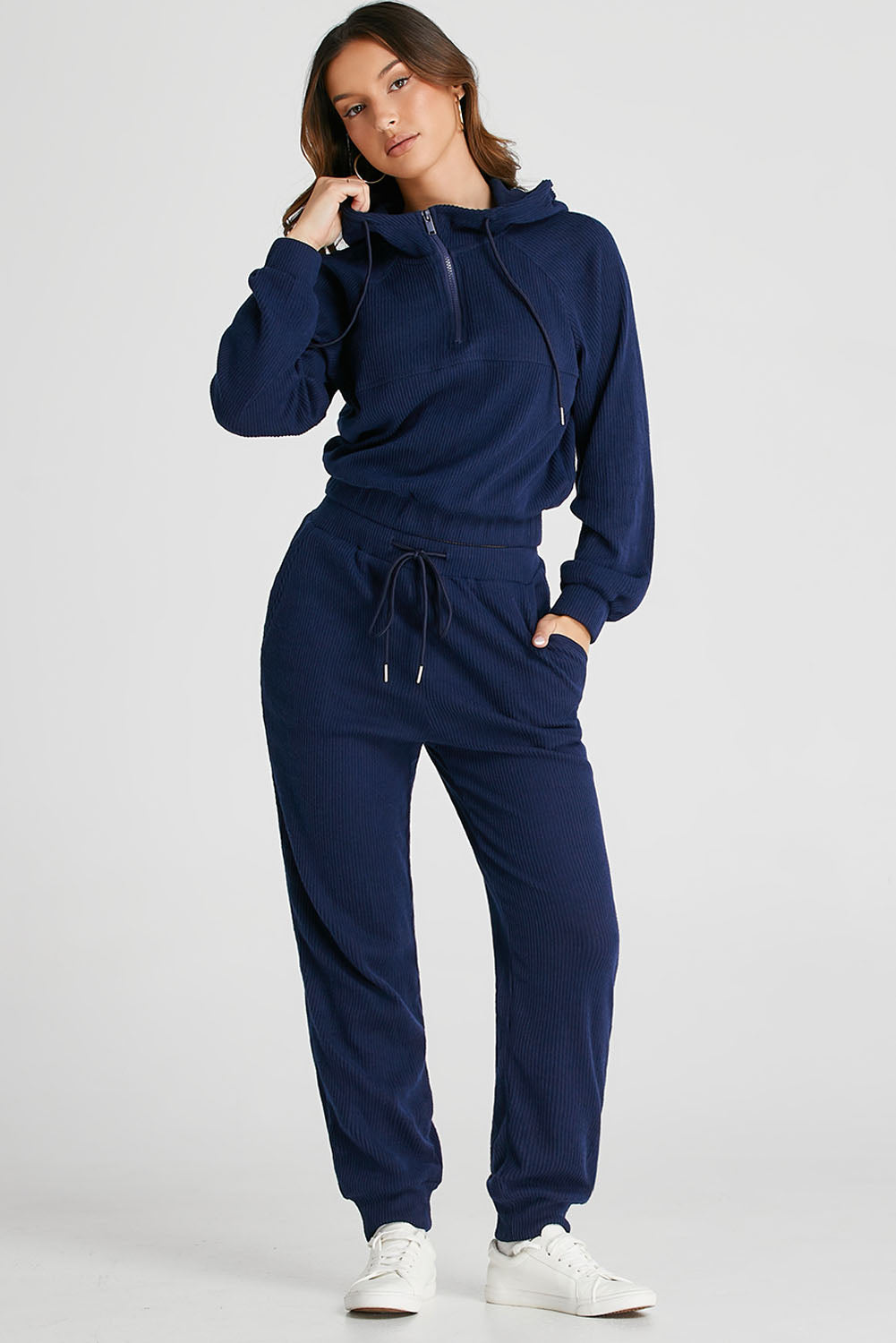 Navy Blue Ribbed Knit Cropped Hoodie and Drawstring Joggers Set ClassiQ