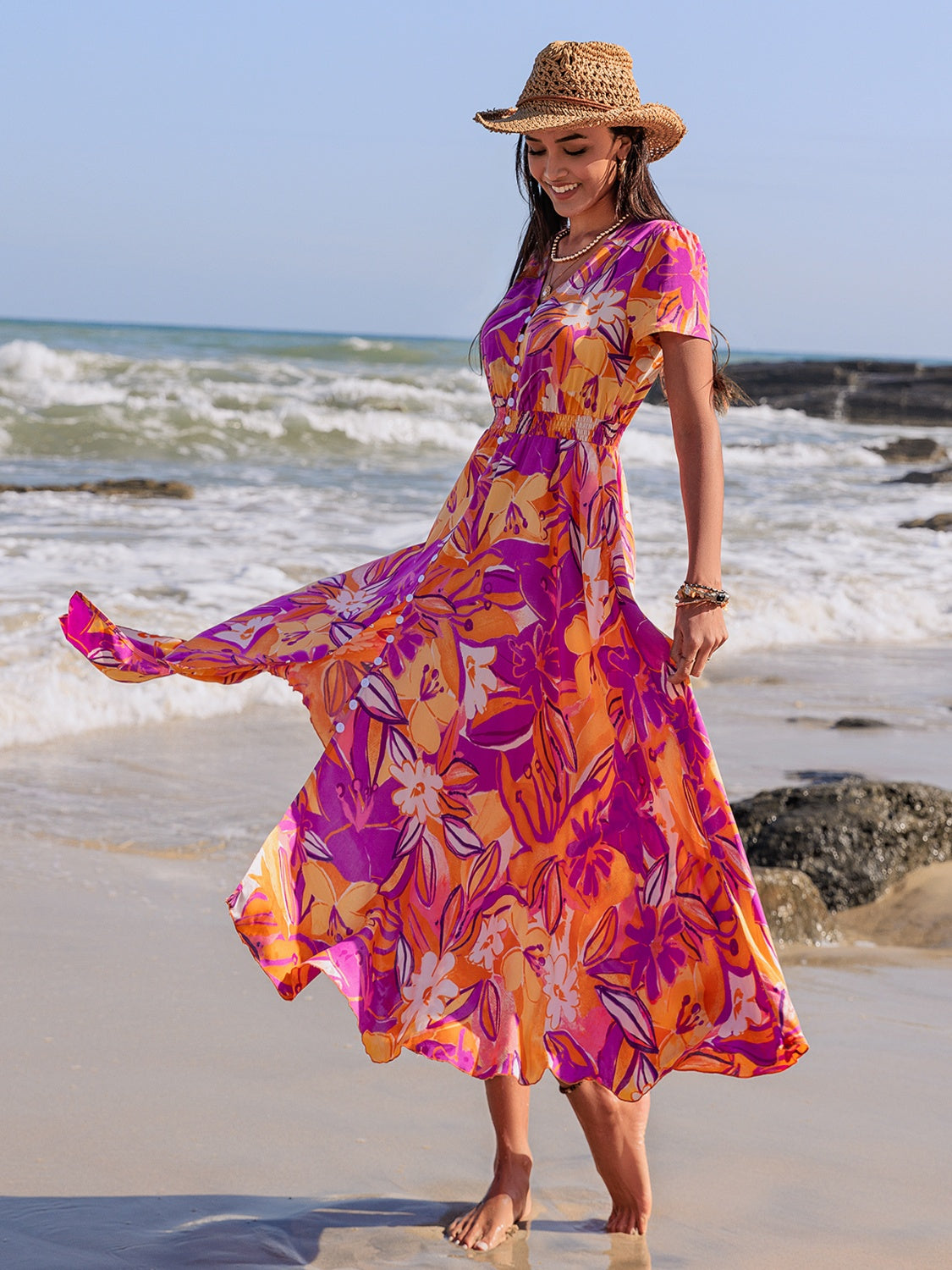 Printed V-Neck Short Sleeve Midi Dress - Classique Collection