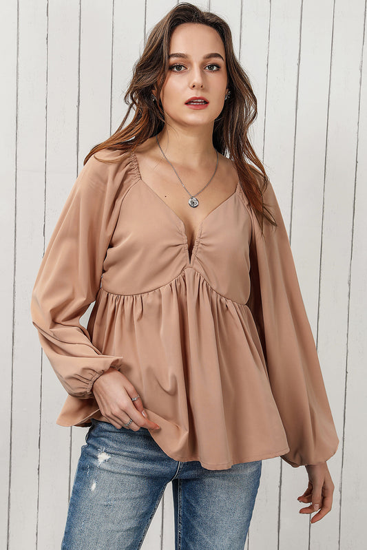 Tie Back Smocked Long Sleeve Babydoll Blouse - Classique Collection