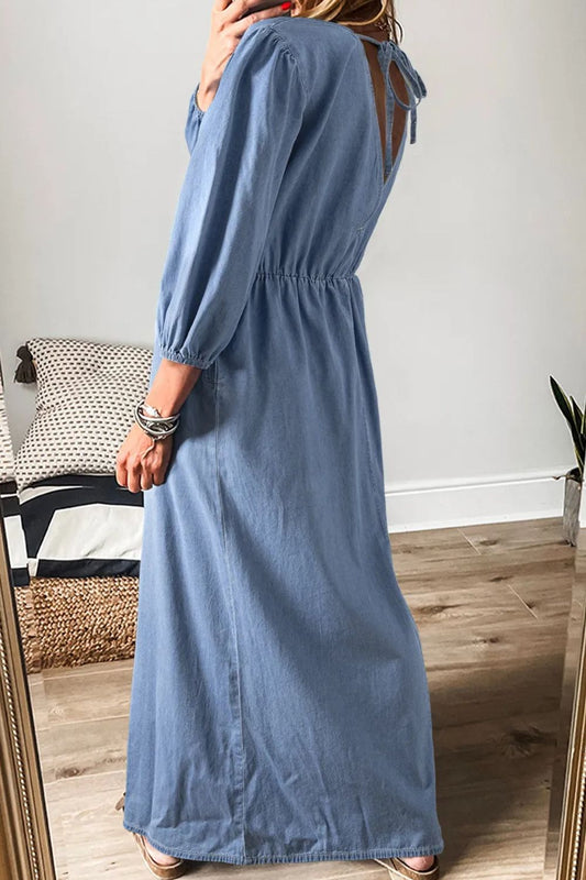Tied Plunge Three-Quarter Sleeve Denim Dress - Classique Collection