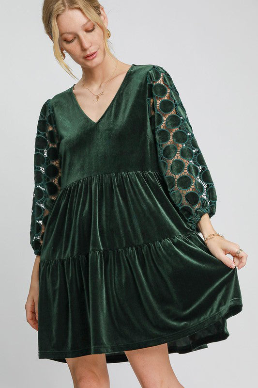 Umgee Dotted Lace Sleeve Tiered Velvet Mini Dress - Classique Collection