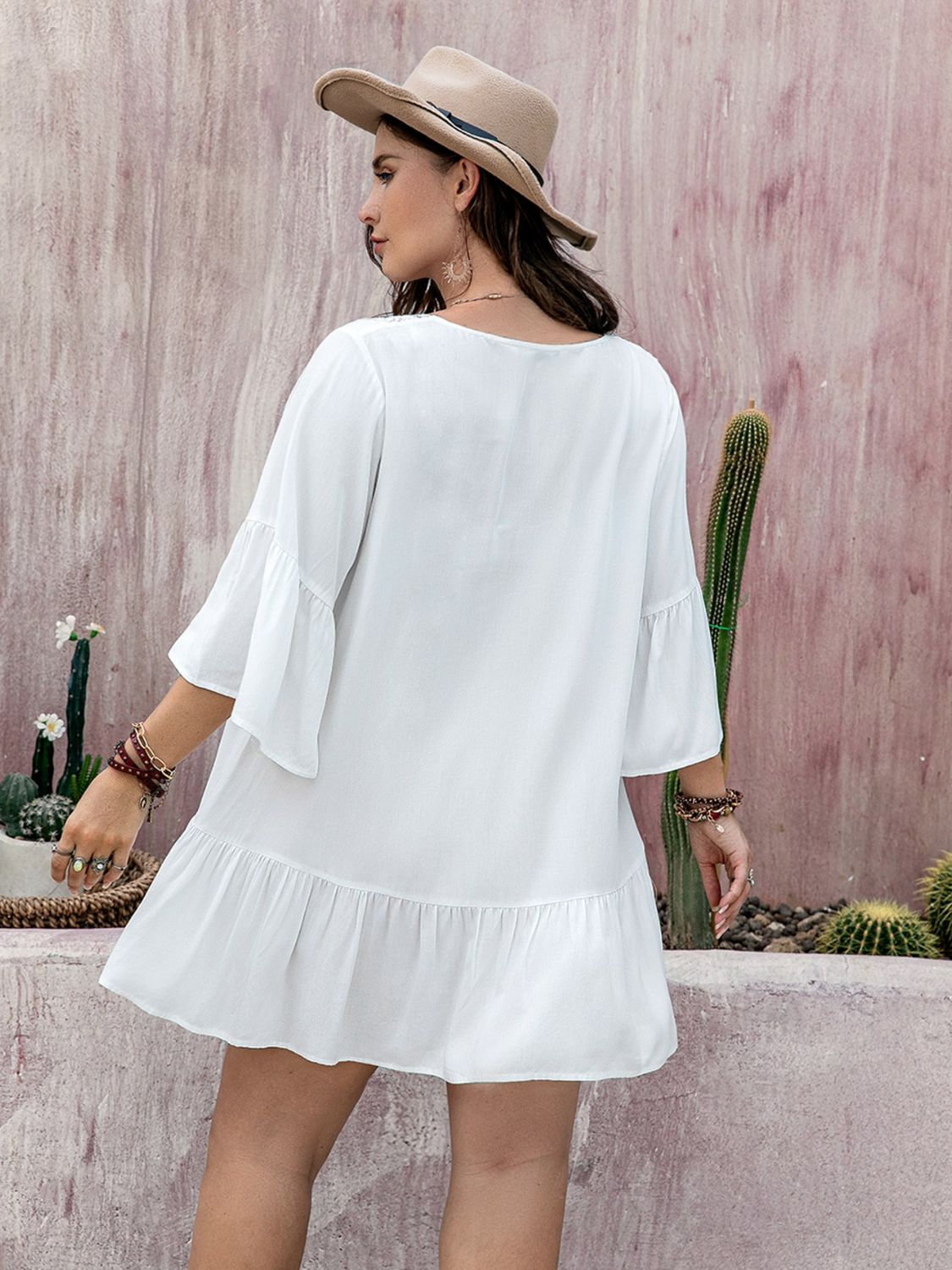 Plus Size Lace Detail Tie Neck Three-Quarter Sleeve Mini Dress - Classique Collection