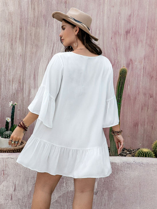 Plus Size Lace Detail Tie Neck Three-Quarter Sleeve Mini Dress - Classique Collection