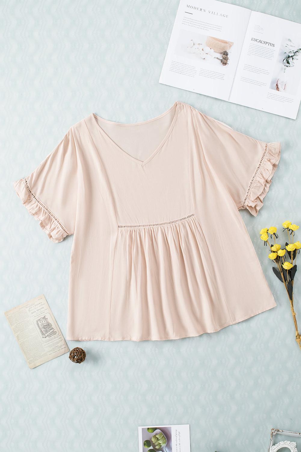 V-Neck Flounce Sleeve Babydoll Blouse - Classique Collection
