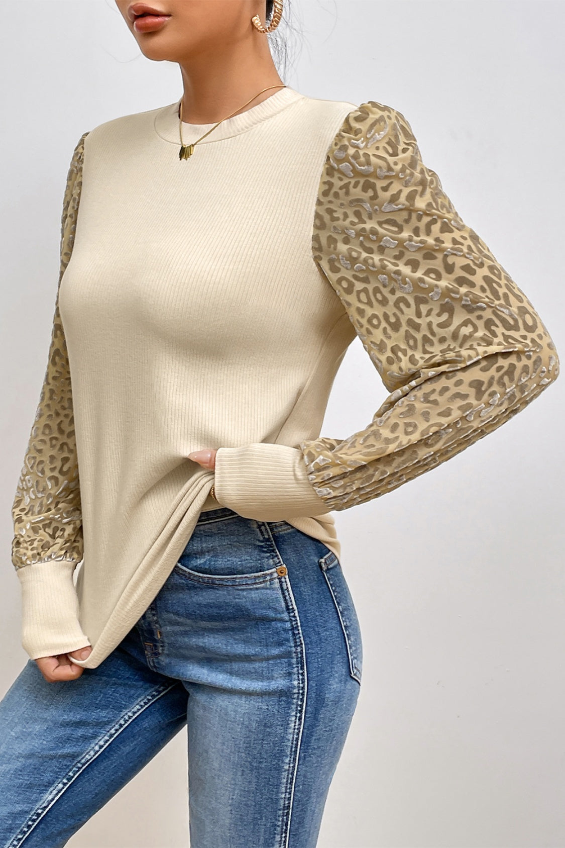 Leopard Print Long Sleeve Ribbed Knit Blouse - Classique Collection