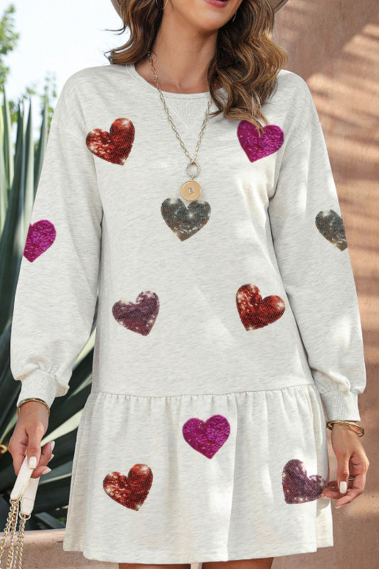Sequin Heart Round Neck Long Sleeve Mini Dress - Classique Collection