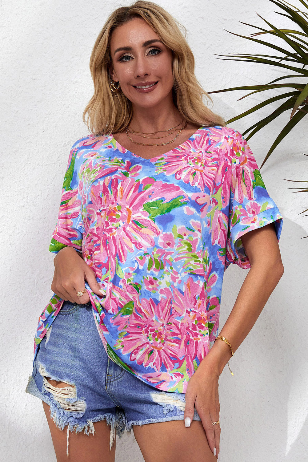 Floral V-Neck Short Sleeve Blouse - Classique Collection