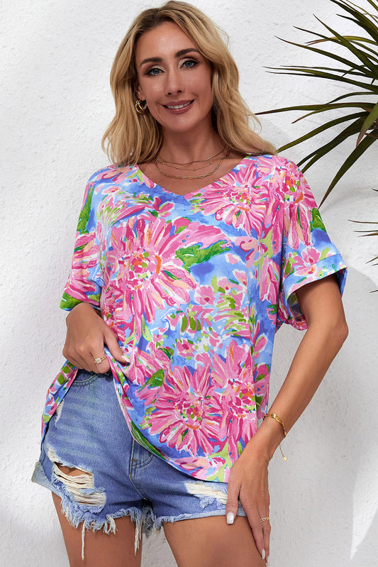 Floral V-Neck Short Sleeve Blouse - Classique Collection