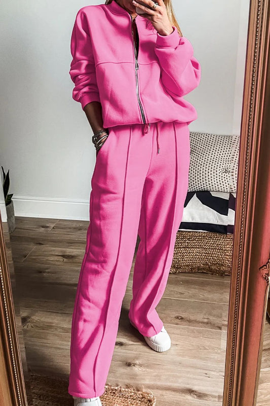 Zip Up Long Sleeve Top and Pants Set - ClassiQ