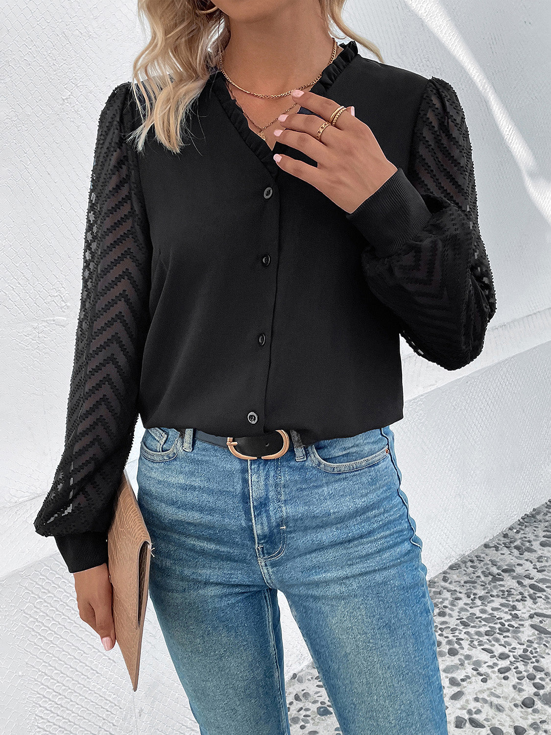 Perfee Mesh V-Neck Button Front Blouse - ClassiQ