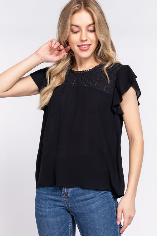ACTIVE BASIC Ruffle Short Sleeve Crochet Blouse - Classique Collection