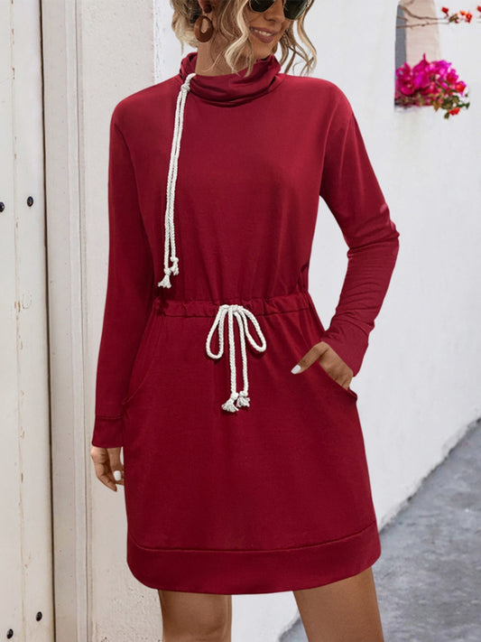 Drawstring Turtleneck Long Sleeve Mini Dress - Classique Collection