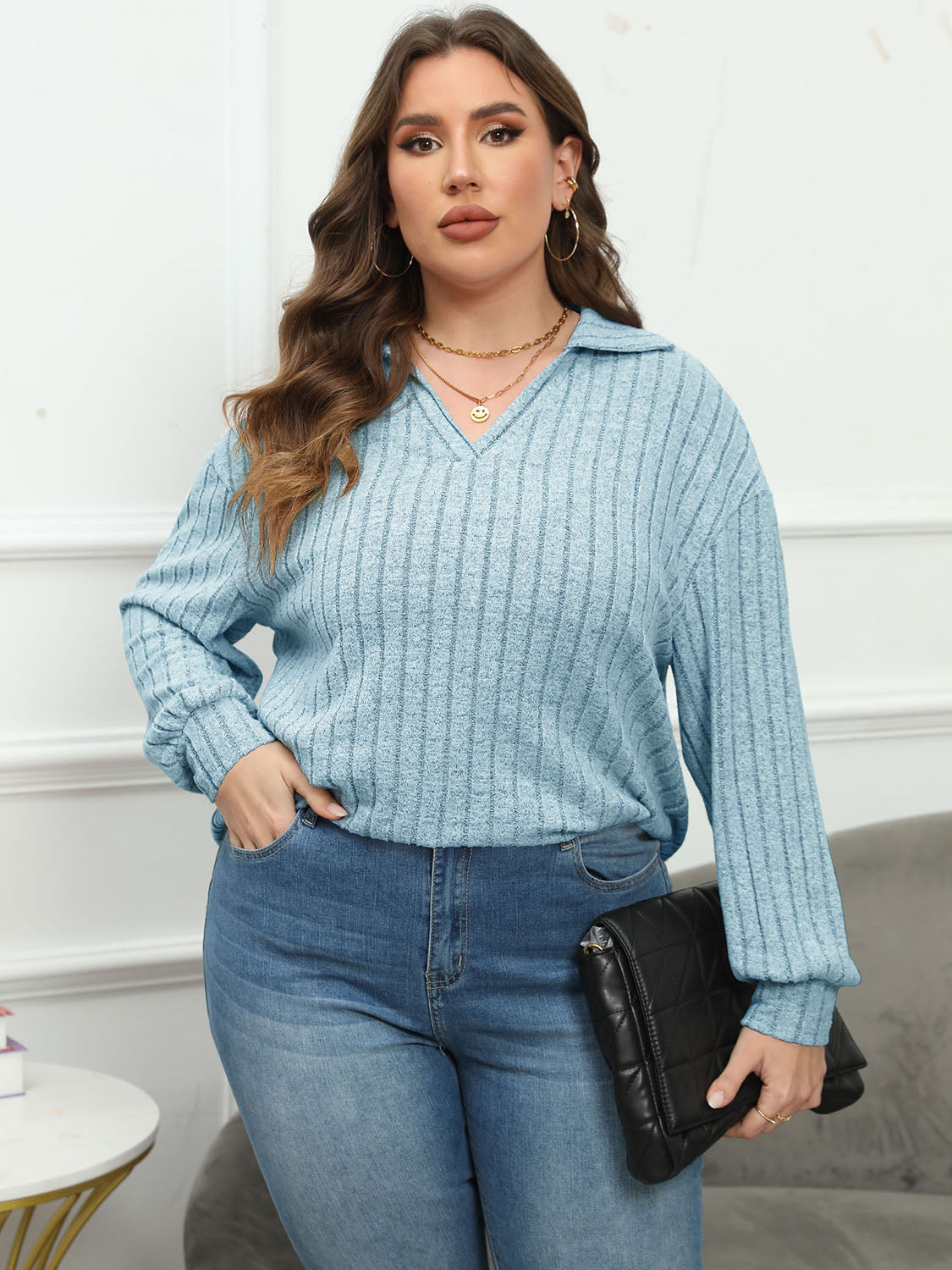 Plus Size Ribbed Collared Neck Long Sleeve Blouse - Classique Collection