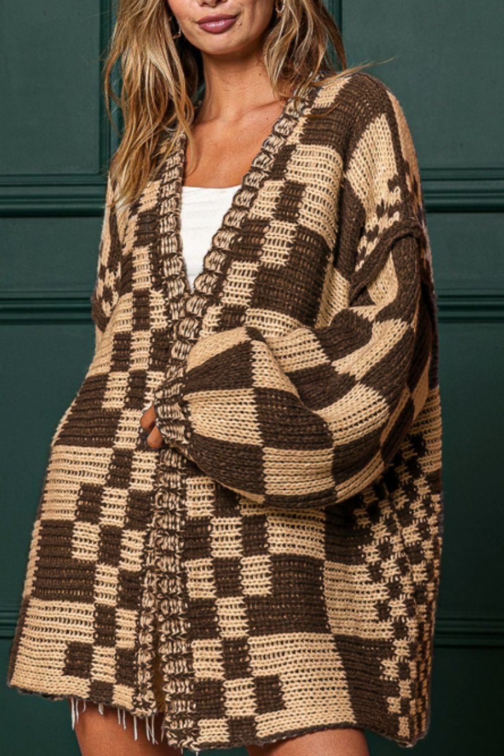 Checkered Open Front Long Sleeve Cardigan - ClassiQ