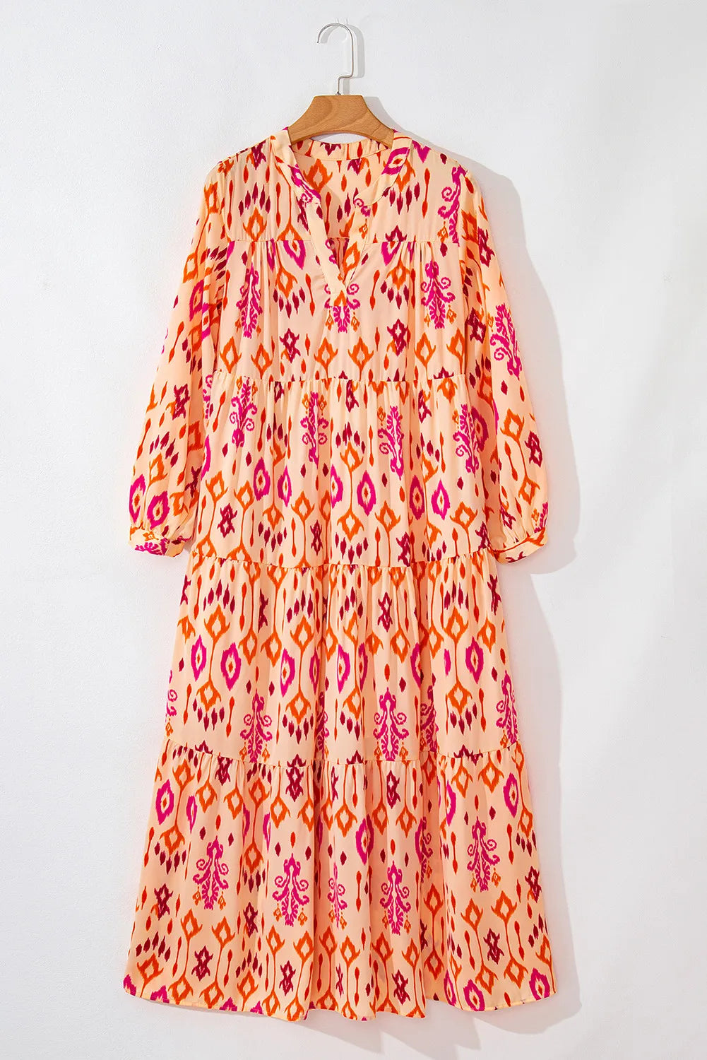Tiered Printed Notched Long Sleeve Midi Dress - Classique Collection