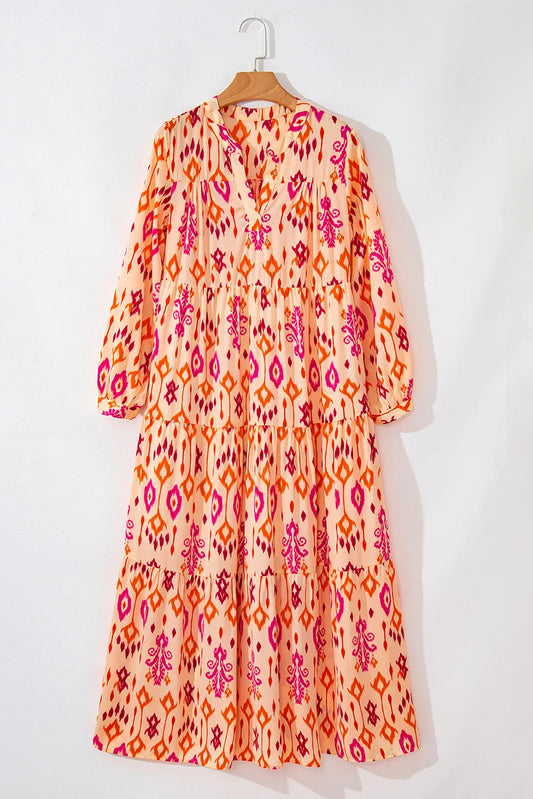 Tiered Printed Notched Long Sleeve Midi Dress - Classique Collection