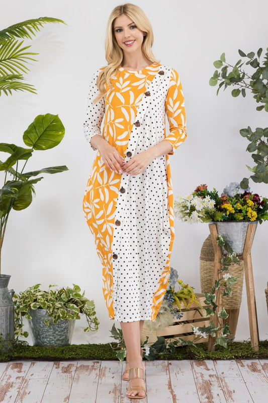 Celeste Full Size Floral Polka Dot Contrast Midi-Dress with Pockets - Classique Collection