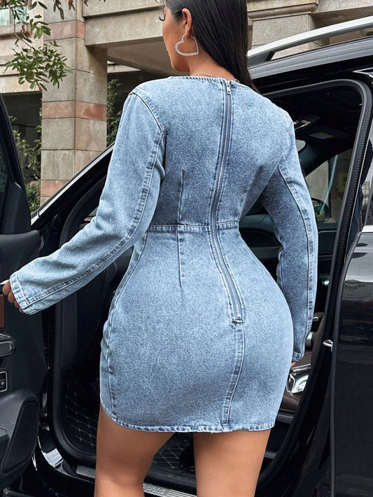 Surplice Long Sleeve Denim Dress - Classique Collection