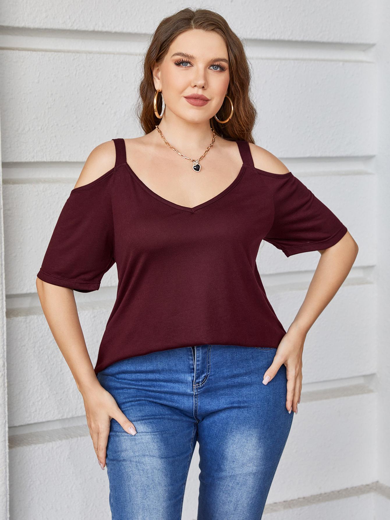 Plus Size V-Neck Cold-Shoulder Blouse - Classique Collection