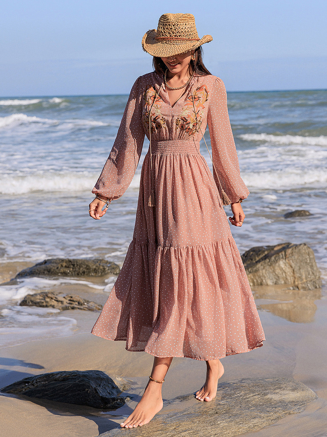 Embroidered Polka Dot Tie Neck Long Sleeve Midi Dress - Classique Collection
