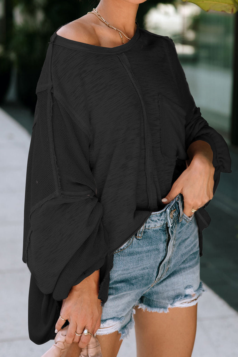 Exposed Seam Round Neck Top with Pocket - Classique Collection