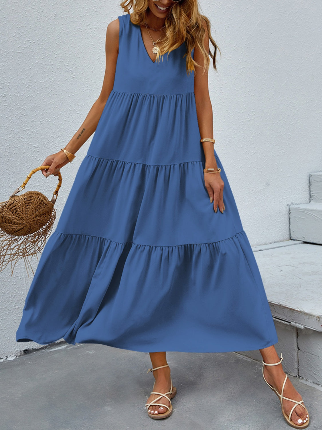 FAM-FAM Tiered V-Neck Sleeveless Dress - Classique Collection
