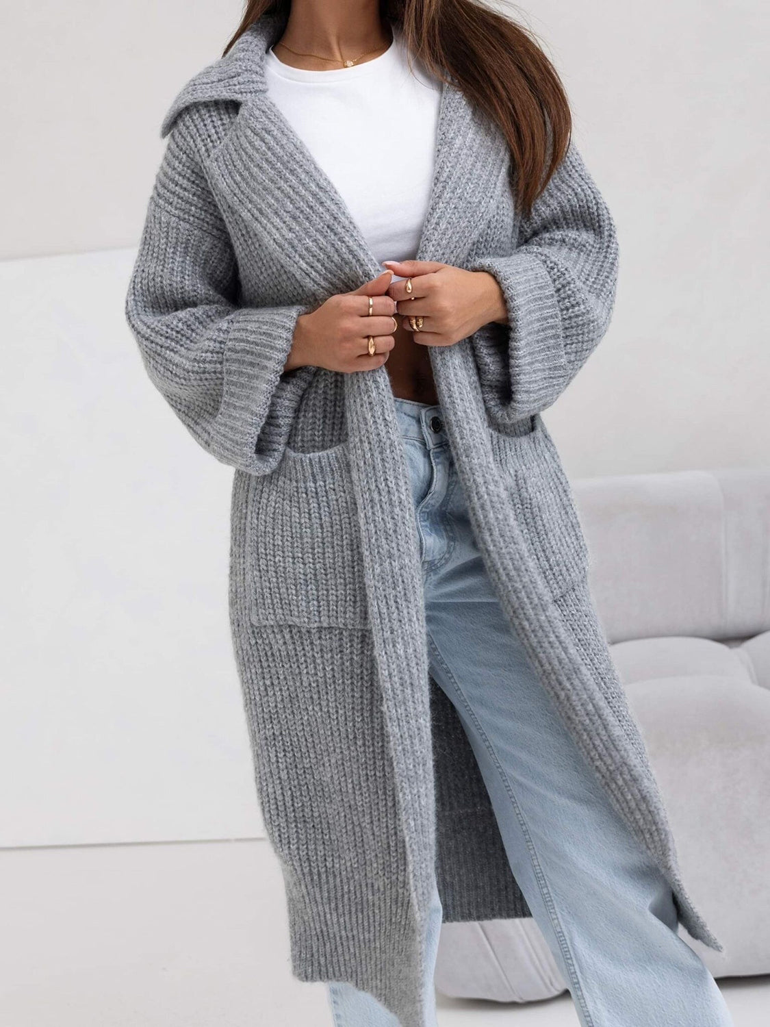 Pocketed Collared Neck Dropped Shoulder Cardigan - ClassiQ