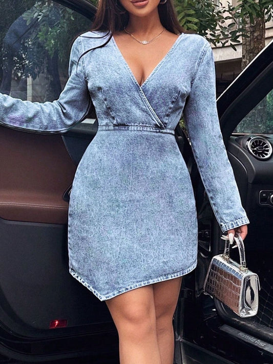 Surplice Long Sleeve Denim Dress - Classique Collection