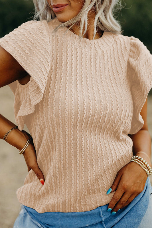 Texture Round Neck Cap Sleeve Top - ClassiQ