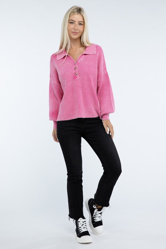 Washed Collared Henley Sweater - Classique Collection