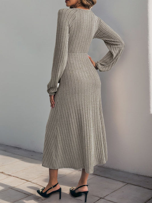 Perfee Ribbed Tied Surplice Long Sleeve Dress - Classique Collection