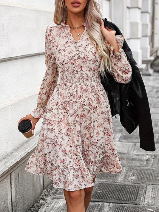 Ruffle Hem Floral Surplice Long Sleeve Dress - Classique Collection