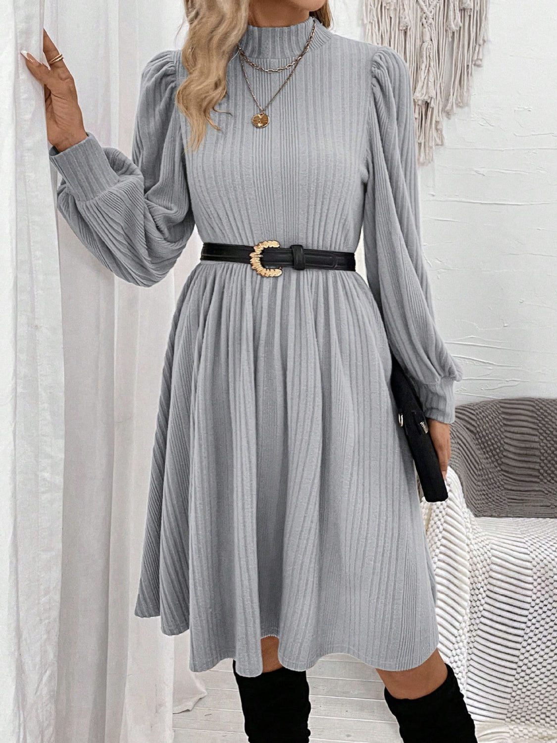 Textured Turtleneck Long Sleeve Dress - Classique Collection