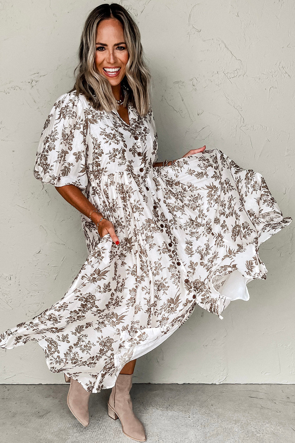 Khaki Floral Puff Sleeve V Neck Buttoned Front Maxi Dress ClassiQ