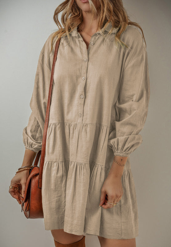 Tiered Collared Neck Balloon Sleeve Shirt Dress - Classique Collection