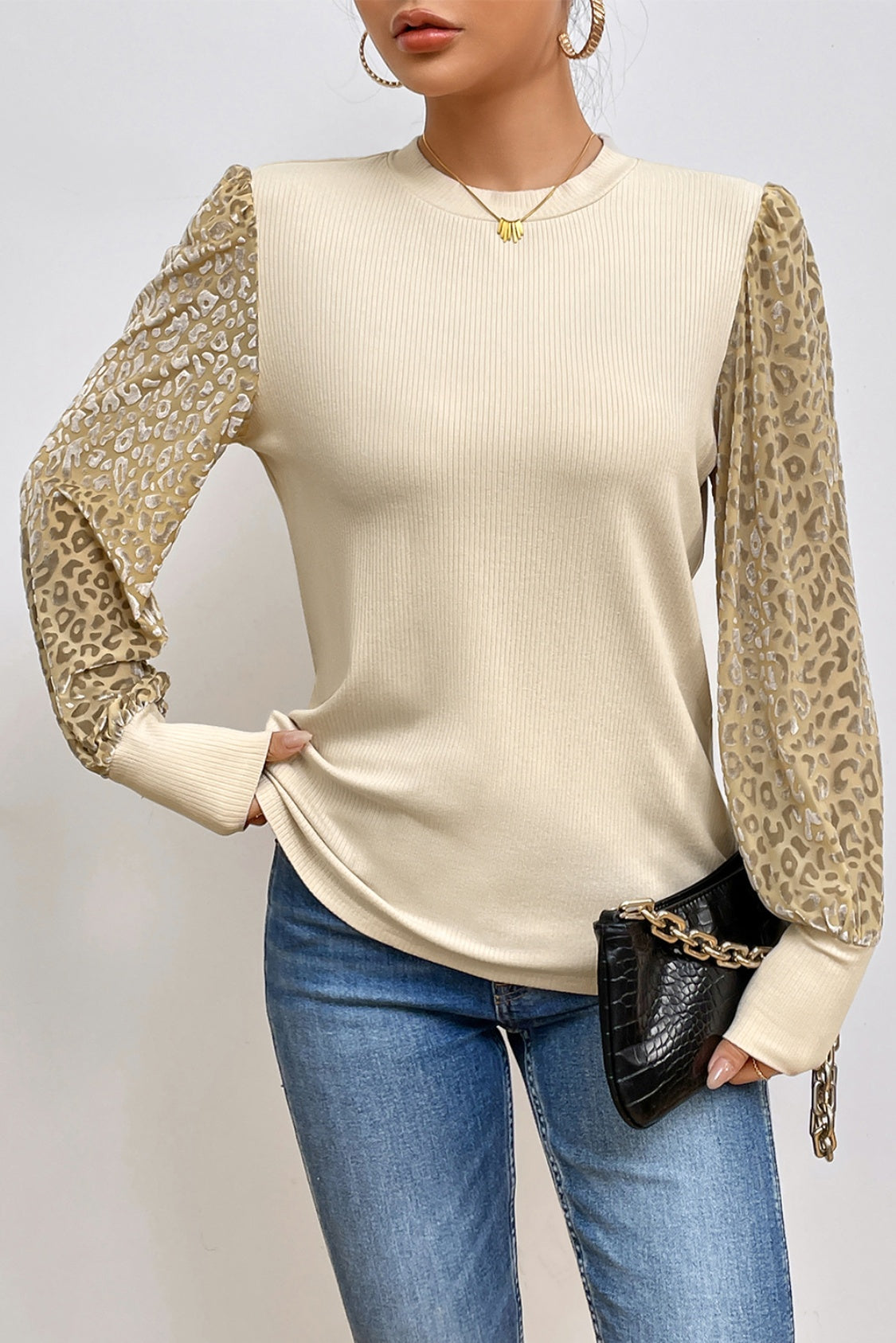 Leopard Print Long Sleeve Ribbed Knit Blouse - Classique Collection