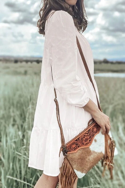 Tiered Round Neck Three-Quarter Sleeve Dress - Classique Collection