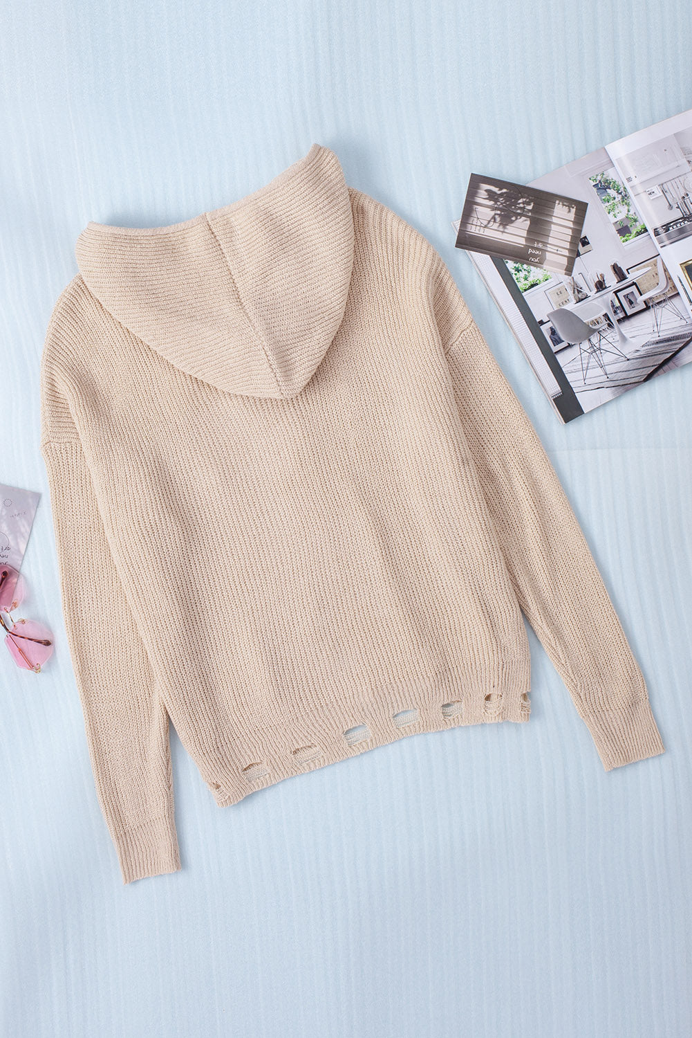 Distressed Zip Up Drawstring Hooded Cardigan - ClassiQ