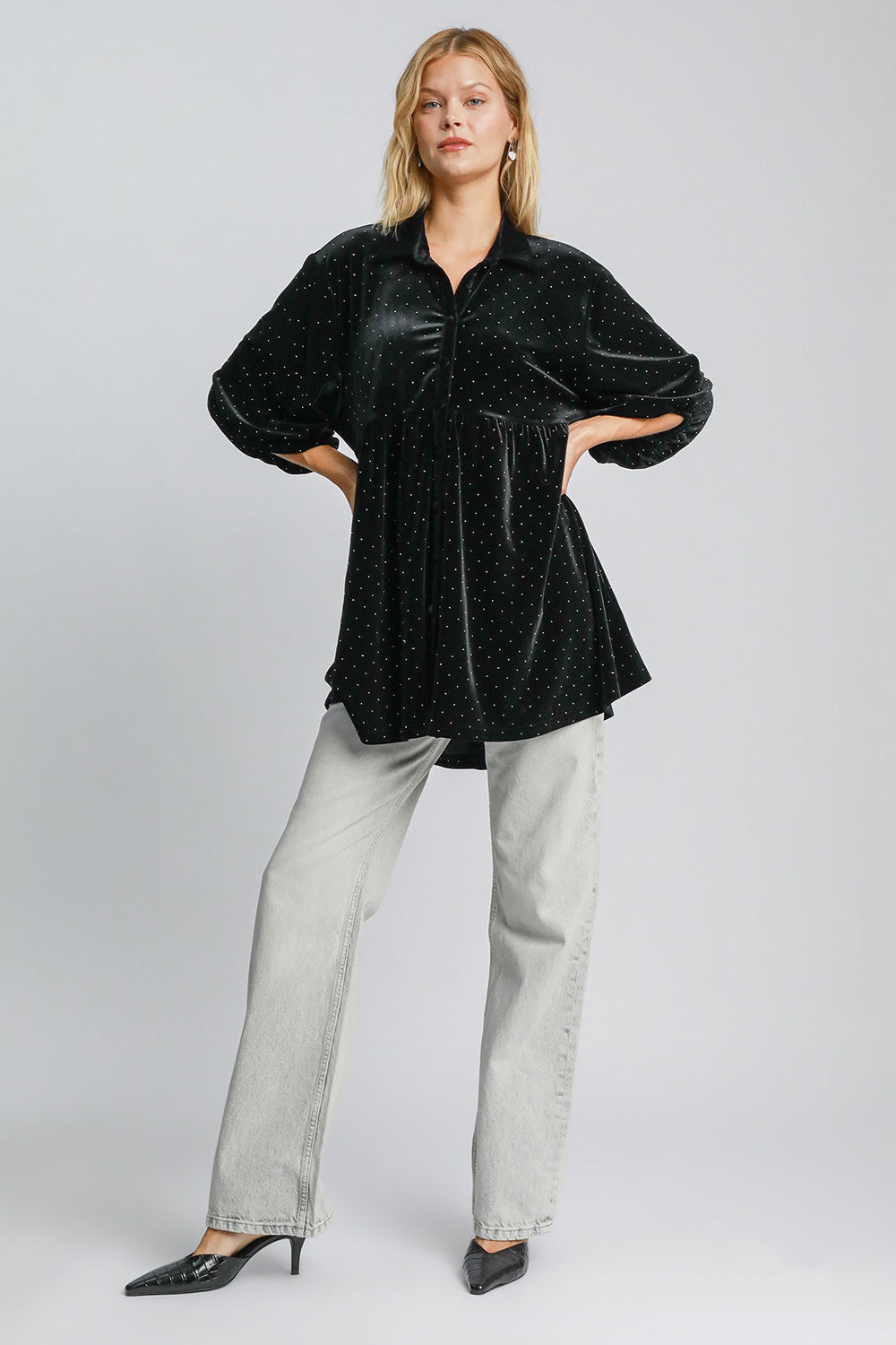 Umgee Full Size Polka Dot Button Up Half Sleeve Shirt - Classique Collection